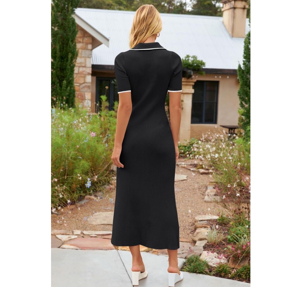 Women’s Long Black Collar Buttoned Down Ribbed Sweater Bodycon Maxi Dress Medium - Picture 10 of 14